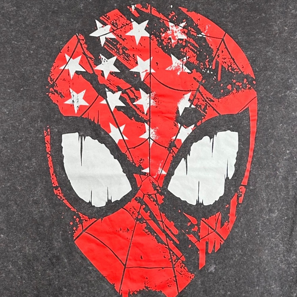 Marvel Mens Spider-Man American Flag Mask Graphic T-Shirt Gray Acid Wash 2XL New